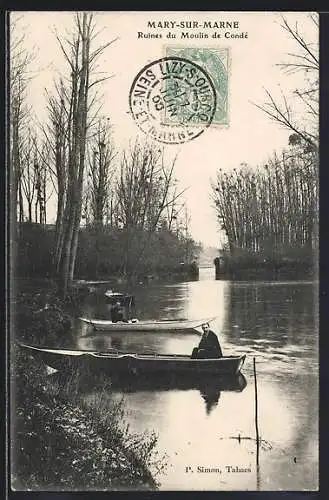 AK Mary-sur-Marne, Ruines du Moulin de Condé avec barques sur la rivière