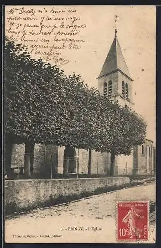 AK Pringy, L`Église et l`allée d`arbres