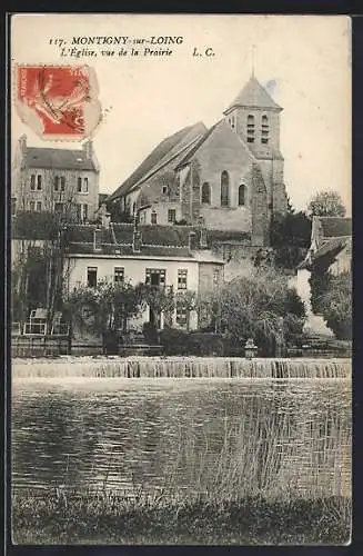 AK Montigny-sur-Loing, L`église, vue de la Prairie