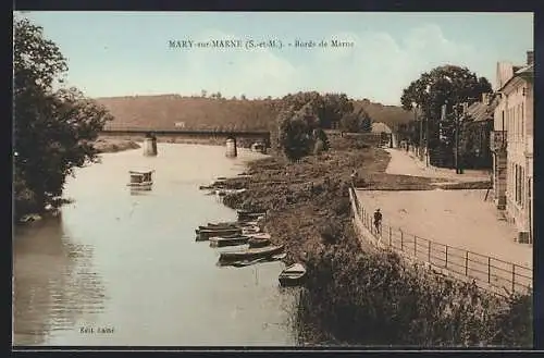 AK Mary-sur-Marne /S.-et-M., Bords de Marne avec barques et pont en arrière-plan