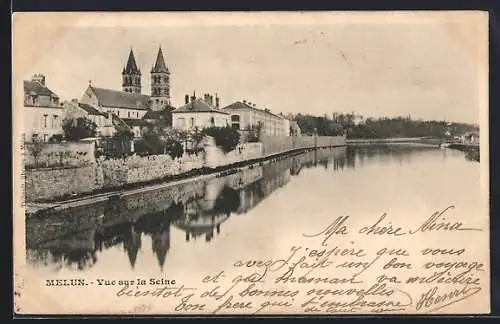 AK Melun, Vue sur la Seine et l`église en arrière-plan
