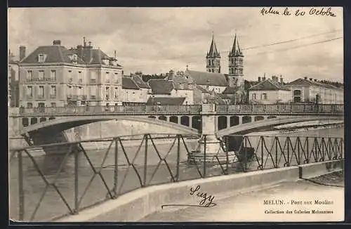 AK Melun, Pont aux Moulins et vue sur l`église en arrière-plan