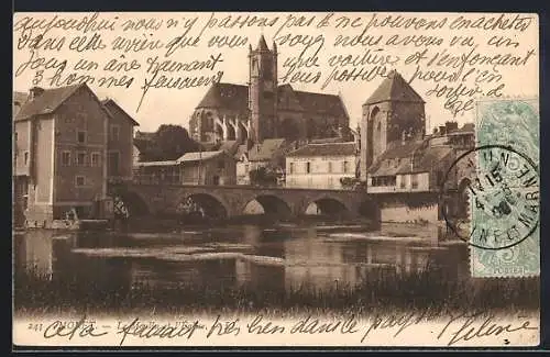 AK Moret, Vue sur l`église et le pont sur la rivière Moselle