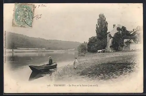 AK Thomery, Le Port et la Seine, vue aval