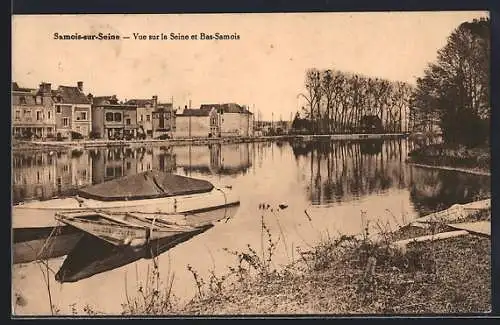 AK Samois-sur-Seine, Vue sur la Seine et Bas-Samois avec barques au premier plan