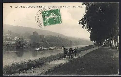 AK La Ferté-sous-Jouarre, Le Chemin de Halage avec pêcheur et barque sur la rivière