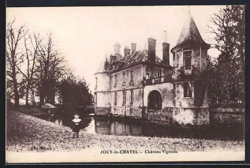 AK Jouy-le-Châtel, Château Vigneau avec douves et enfant au bord de l`eau
