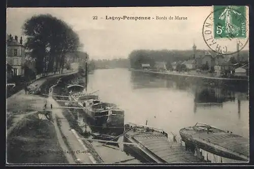AK Lagny-Pomponne, Bords de Marne et péniches amarrées le long de la rive