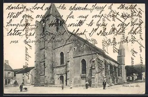 AK Jouy-le-Châtel, Église Saint-Pierre et village animé avec passants