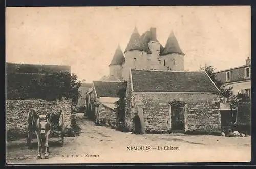 AK Nemours, Le Château et rue avec charrette à cheval