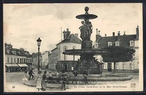AK Melun, La Place Saint-Jean et la Rue Saint-Liesne avec fontaine et passants
