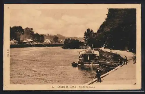 AK Lagny /S-et-M., Bords de Marne avec péniches et promenade