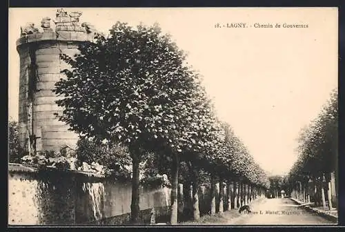 AK Lagny, Chemin de Gouvernes et tour médiévale avec arbres alignés