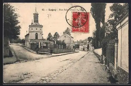 AK Lagny, Rue Saint-Denis et tour, vue de rue animée