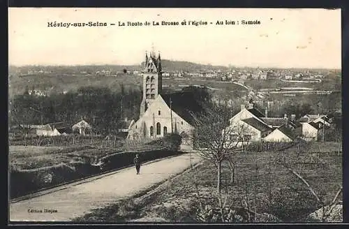 AK Héricy-sur-Seine, La Route de La Brosse et l`église, Au loin, Samois