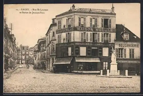 AK Lagny, Rue St-Laurent et Statue de Jeanne d`Arc