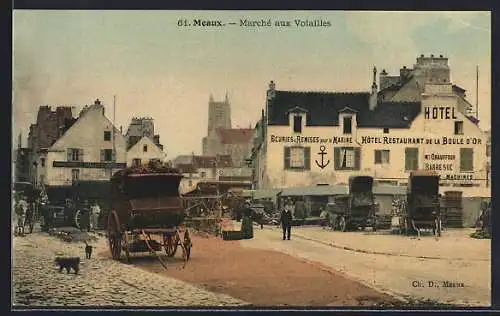 AK Meaux, Marché aux Volailles avec l`Hôtel et chariots sur la place animée