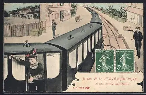 Künstler-AK La Ferté-sous-Jouarre, Départ en train avec mes amitiés