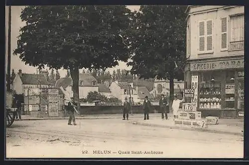 AK Melun, Quais Saint-Ambroise avec épicerie et passants