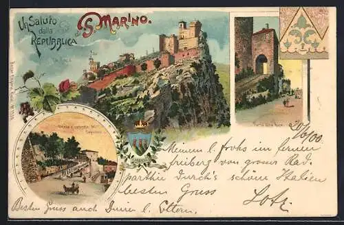 Lithographie San Marino, La Rocca, Porta della Rupe, Chiesa e convento dei Capuccini