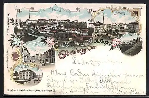 Lithographie Obernberg am Inn, Strassenpartie in der Ufergasse, Marktplatz, Volksschule