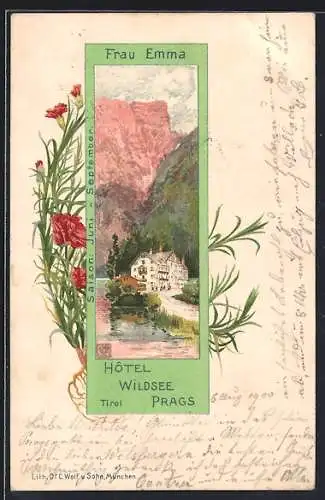 Lithographie Prags, Hotel Wildsee Prags Frau Emma, Nelken