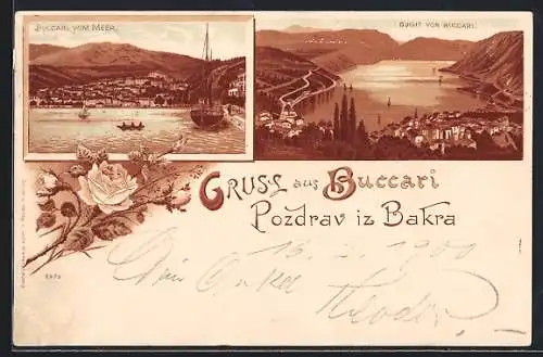 Lithographie Buccari, Ortsansicht vom Meer, Blick auf die Bucht