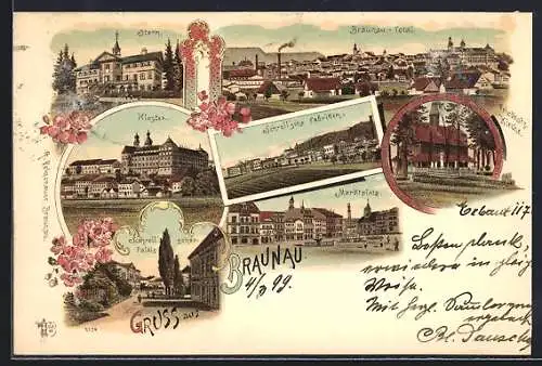 Lithographie Braunau, Gasthaus Stern, Schroll`sche Fabriken, Marktplatz