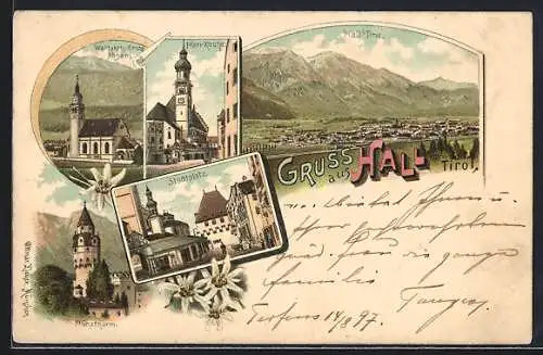 Lithographie Hall i. T., Pfarr-Kirche, Stadtplatz, Münzthurm, Wallfahrts-Kirche Absam