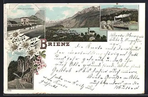 Lithographie Brienz, Hotel auf dem Rothhorn, Landungsplatz, Rothhornbahn u. Mühlbach