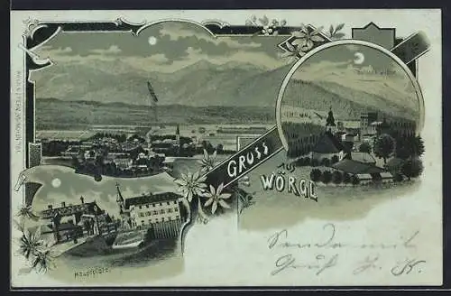 Lithographie Wörgl, Schloss Itter, Hauptplatz, Totalansicht