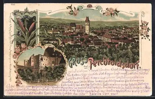Lithographie Perchtoldsdorf, Hirtl Museum und Gesamtansicht bei Nacht