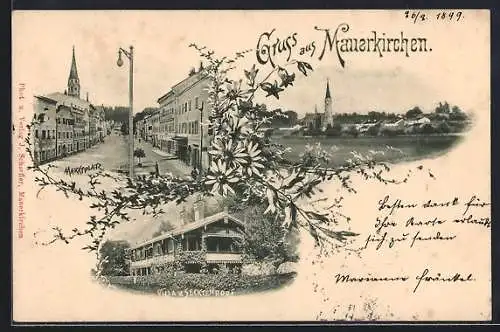 AK Mauerkirchen, Villa v. Secktendorf, Totale, Marktplatz, Blumen