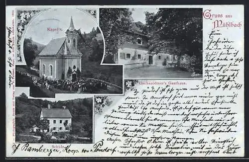 AK Garsten /O.-Oe., Mühlbach, Gschnaidtners Gasthaus, Kapelle, Schule