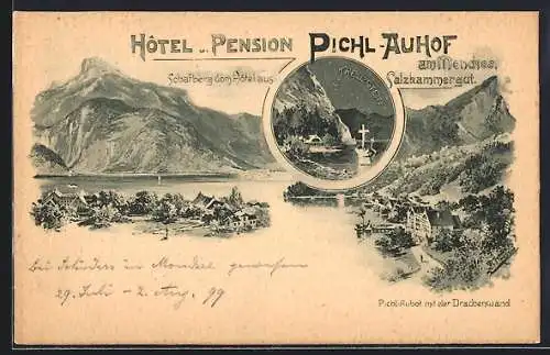 Künstler-AK Franz Kulstrunk: Pichl, Hotel u. Pension Pichl-Auhof am Mondsee, Kreuzstein, Schafberg vom Hotel aus