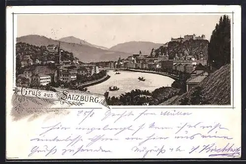 Vorläufer-Lithographie Salzburg, 1894, Ortsansicht aus der Vogelschau