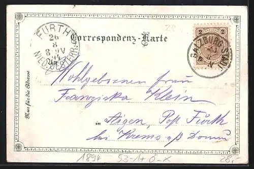 Vorläufer-Lithographie Salzburg, 1894, Ortsansicht aus der Vogelschau