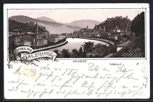 Vorläufer-Lithographie Salzburg, 1894, Stadtpanorama mit Festung