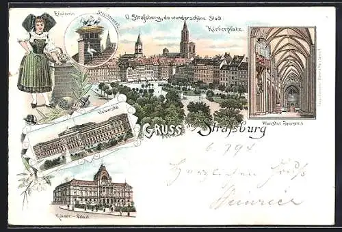Vorläufer-Lithographie Strassburg, 1894, Universität, Kaiser-Palast, Kleber-Platz, Elsässerin in Tracht, Münster