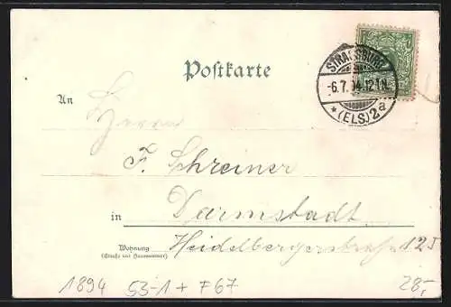 Vorläufer-Lithographie Strassburg, 1894, Universität, Kaiser-Palast, Kleber-Platz, Elsässerin in Tracht, Münster