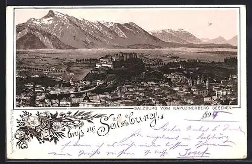 Vorläufer-Lithographie Salzburg, 1894, Ortsansicht vom Kapuzinerberg gesehen