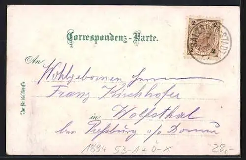 Vorläufer-Lithographie Salzburg, 1894, Ortsansicht vom Kapuzinerberg gesehen