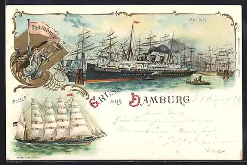 Lithographie Hamburg, Segelschiff Potosi im Hafen