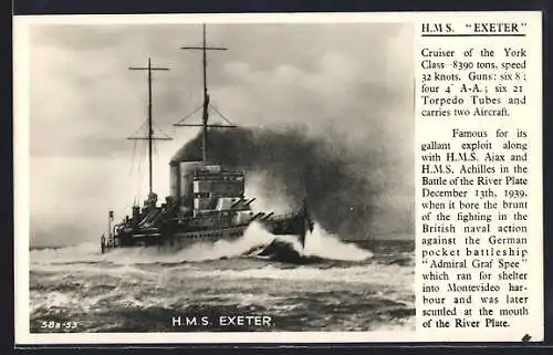 AK Kriegsschiff HMS Exeter gibt Volldampf, Bugansicht