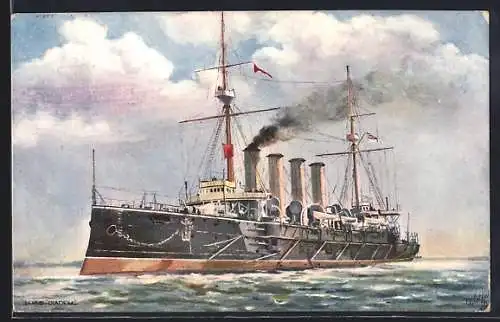 Künstler-AK Britisches Kriegsschiff HMS Diadem gibt Dampf