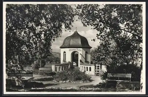 AK Bad Schwarzbach-Ober Grenzdorf, Elfrieden-Quelle mit Partkanlage und Ruhebänken