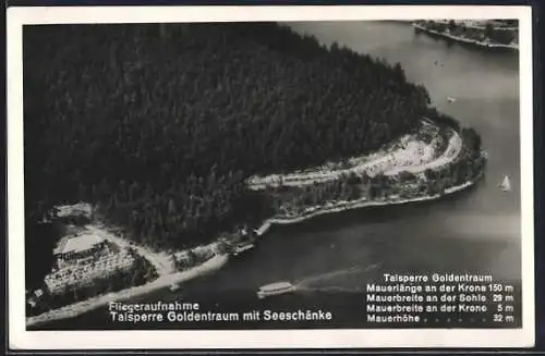 AK Goldentraum, Talsperre Goldentraum vom Flugzeug aus mit Seeschänke, Inh. G. Geier