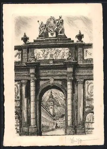 Künstler-AK Innsbruck, Triumphpforte mit Durchblick auf die Berggipfel