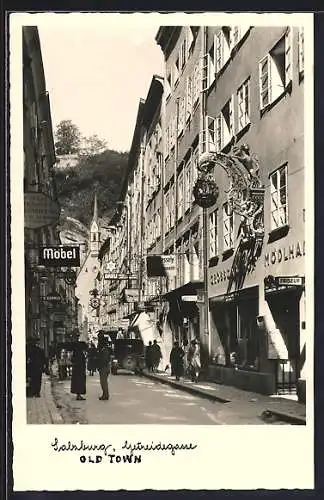 AK Salzburg, Getreidegasse mit Geschäften