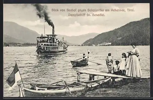 AK Blick von Seehof gegen Scholastika am Achensee mit Dampfer St. Benedikt
